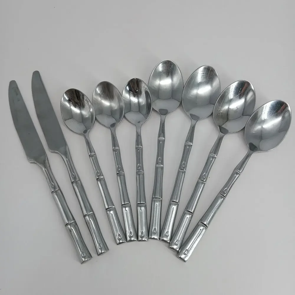 9X Spoons Flatasy Bamboo Stainless Flatware Silverware Table Teaspoon Butter Knv
